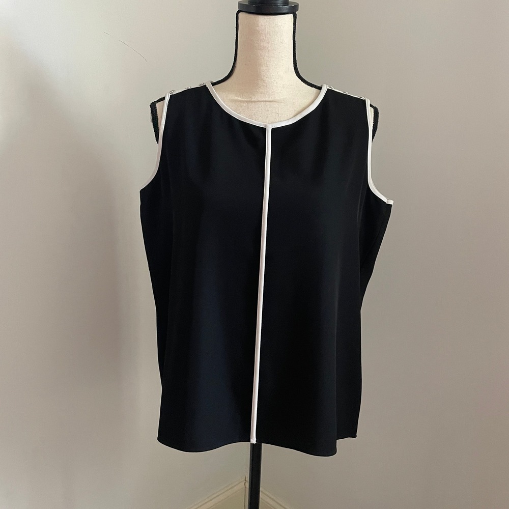 Calvin Klein Sleeveless Button Shoulder Blouse Large Black White Piping Career‎